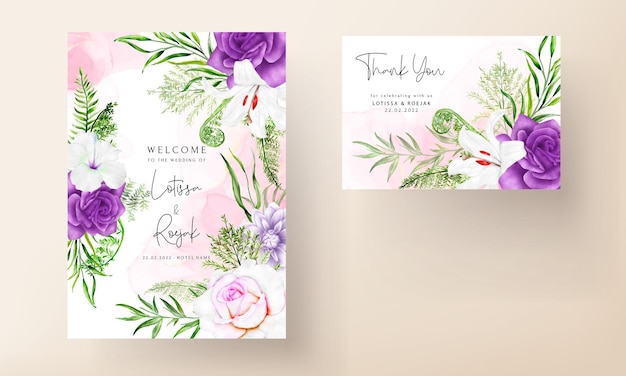 Plantilla de tarjeta de invitación de boda de flor morada y hojas