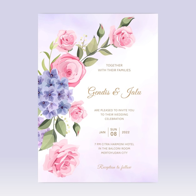 Plantilla de tarjeta de invitación de boda flor rosa