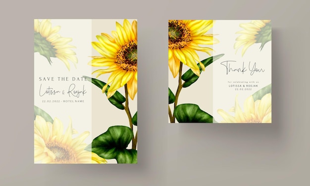 Plantilla de tarjeta de invitación de boda de flor de sol floreciente hermosa acuarela