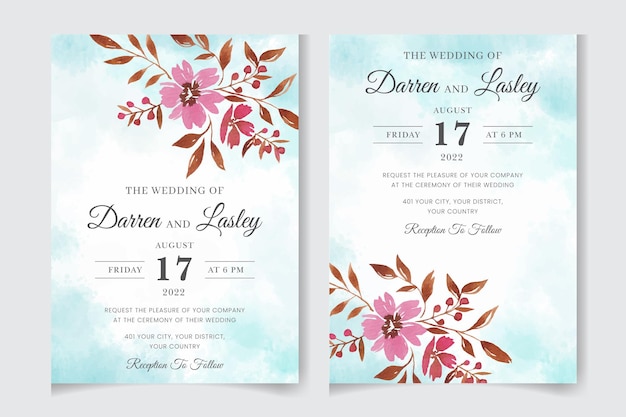 Plantilla de tarjeta de invitación de boda floral acuarela con invitación de flores de hojas botánicas verdes