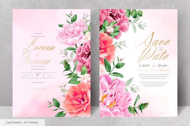 Plantilla de tarjeta de invitación de boda floral de acuarela realista con flores y hojas dibujadas a mano