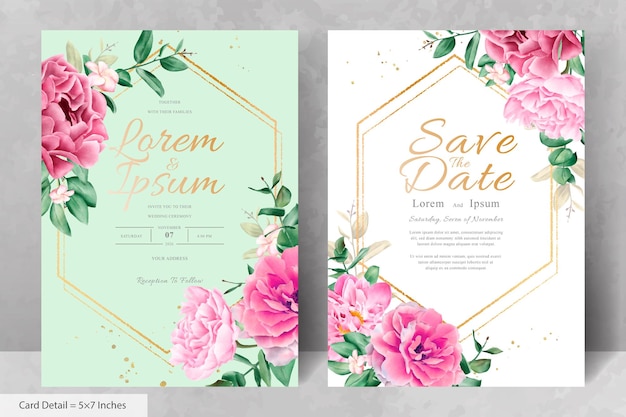 Plantilla de tarjeta de invitación de boda floral de acuarela realista con flores y hojas dibujadas a mano