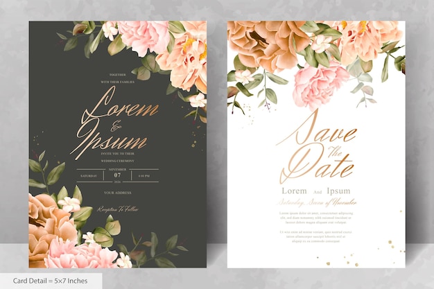 Plantilla de tarjeta de invitación de boda floral de acuarela realista con flores y hojas dibujadas a mano