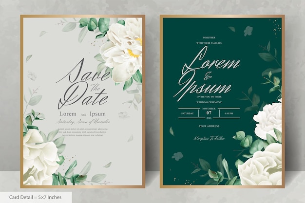 Plantilla de tarjeta de invitación de boda floral de acuarela realista con flores y hojas dibujadas a mano