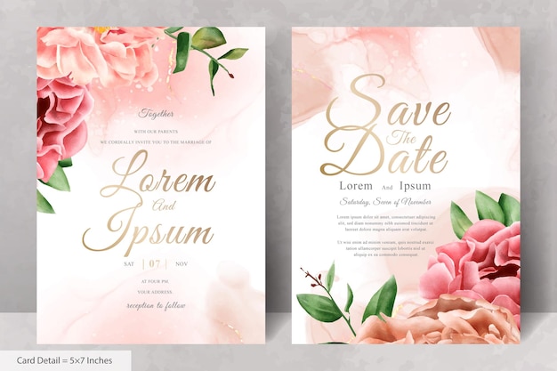 Plantilla de tarjeta de invitación de boda floral de acuarela realista con flores y hojas dibujadas a mano