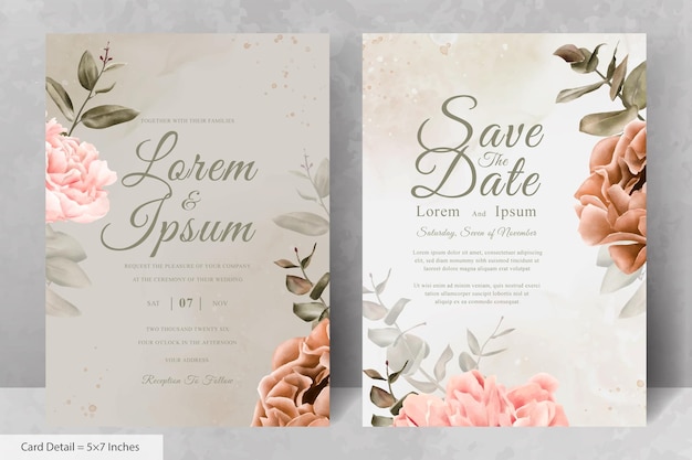 Plantilla de tarjeta de invitación de boda floral de acuarela realista con flores y hojas dibujadas a mano