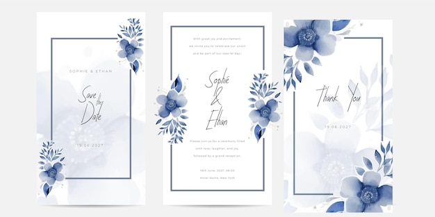 Plantilla de tarjeta de invitación de boda floral de acuarela realista con flores y hojas dibujadas a mano