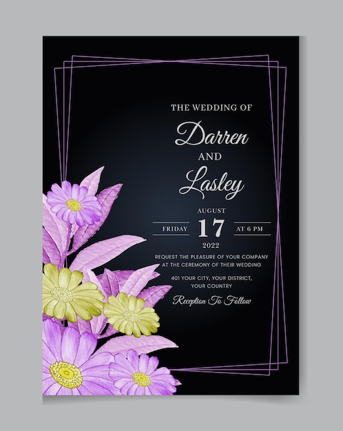 Plantilla de tarjeta de invitación de boda floral acuarela