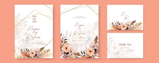 Plantilla de tarjeta de invitación de boda floral de amapola marrón y melocotón con decoración de marco de flores
