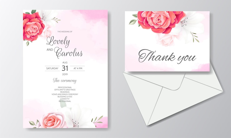 Vector plantilla de tarjeta de invitación de boda floral con borde de hermosas flores