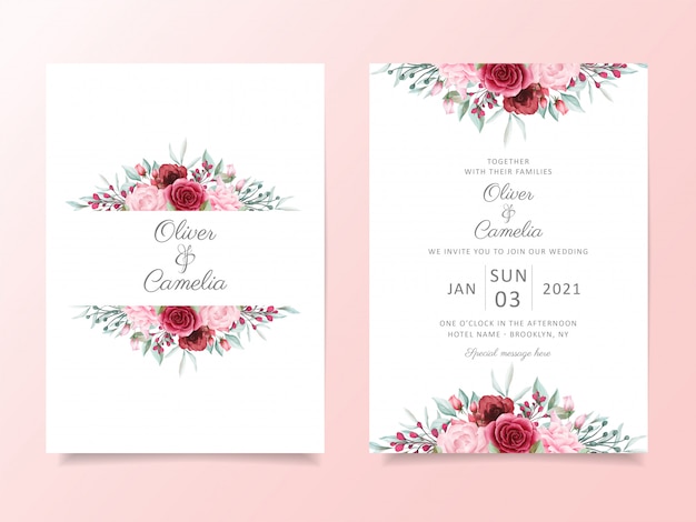 Plantilla de tarjeta de invitación de boda floral con decoración de borde de flores acuarela