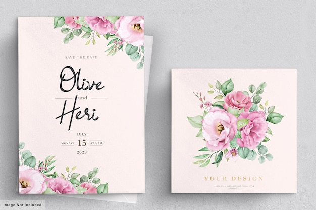 Plantilla de tarjeta de invitación de boda floral dibujada a mano acuarela