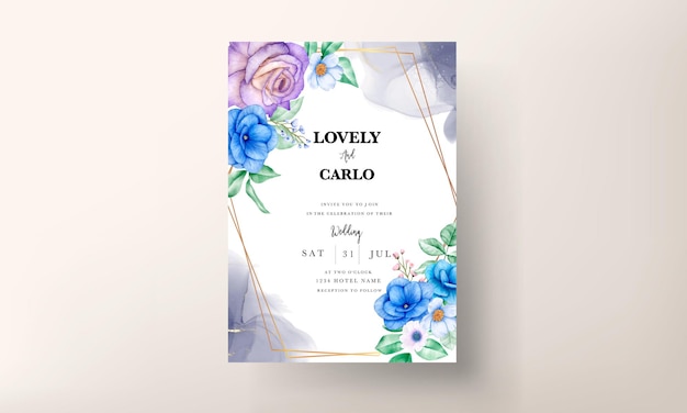 Plantilla de tarjeta de invitación de boda floral dibujada a mano acuarela