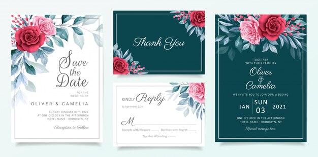 Plantilla de tarjeta de invitación de boda floral con elegantes flores y hojas de acuarela