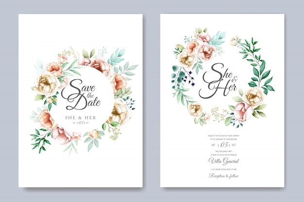 Plantilla de tarjeta de invitación de boda floral con flores de acuarela