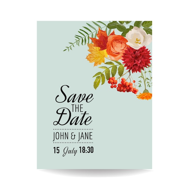 Plantilla de tarjeta de invitación de boda floral con flores de otoño, hojas y serba. decoración de baby shower en