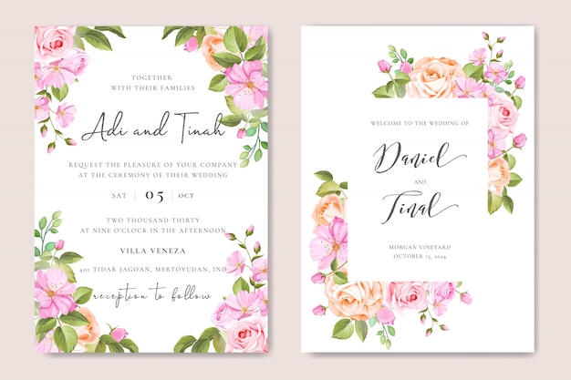 Plantilla de tarjeta de invitación de boda floral con guirnalda floral