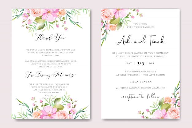 Plantilla de tarjeta de invitación de boda floral con guirnalda floral