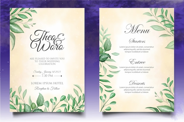 Plantilla de tarjeta de invitación de boda floral hermosa acuarela