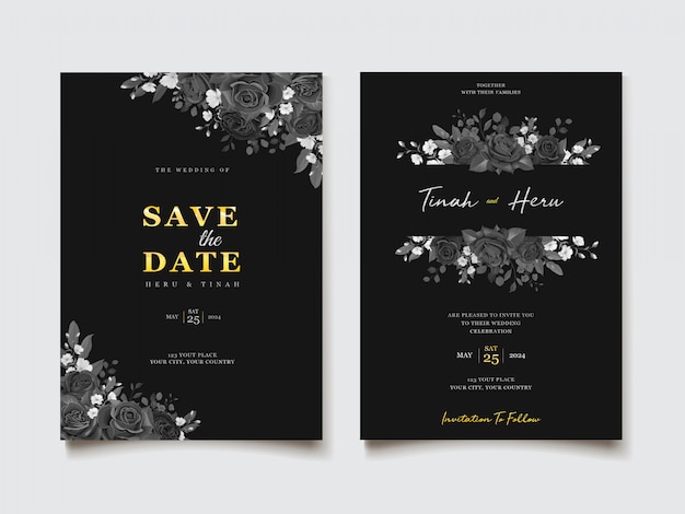 Plantilla de tarjeta de invitación de boda floral negro