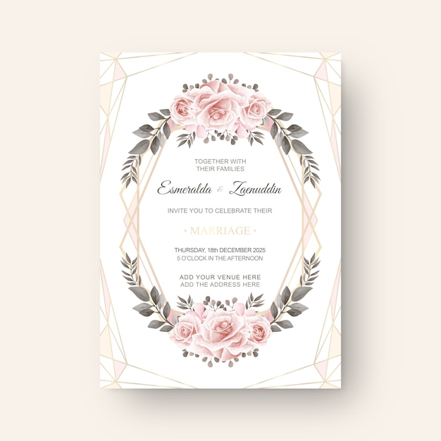 Plantilla de tarjeta de invitación de boda de flores de acuarela de lujo