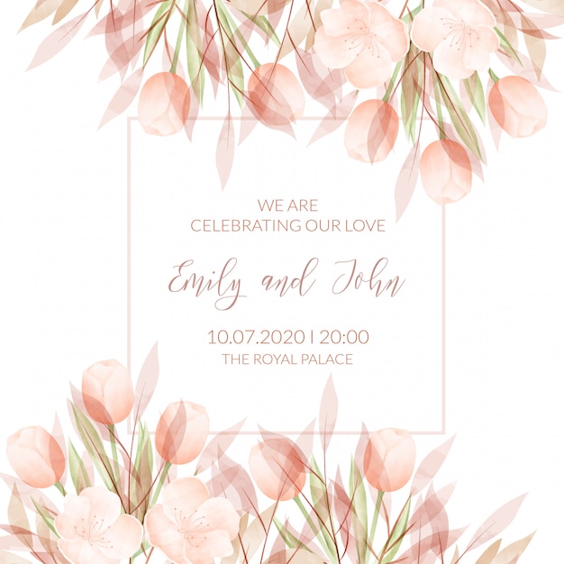 Plantilla de tarjeta de invitación de boda con flores de acuarela