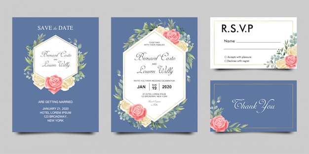 Plantilla de tarjeta de invitación de boda con flores de acuarela