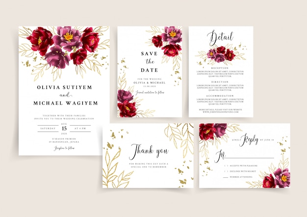 Plantilla de tarjeta de invitación de boda con flores borgoña y oro