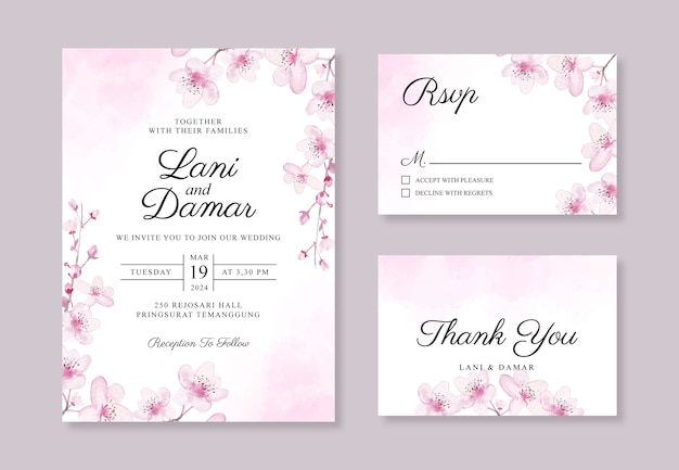 Plantilla de tarjeta de invitación de boda con flores de cerezo pintadas a mano de acuarela y salpicaduras