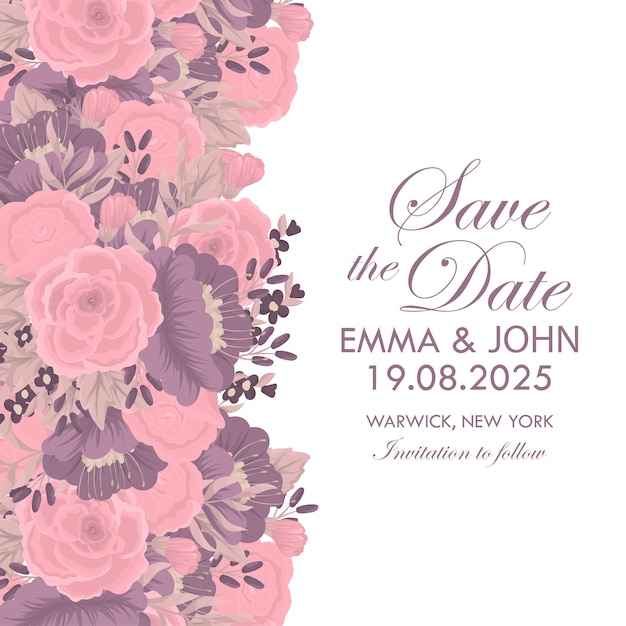 Plantilla de tarjeta de invitación de boda con flores de colores.