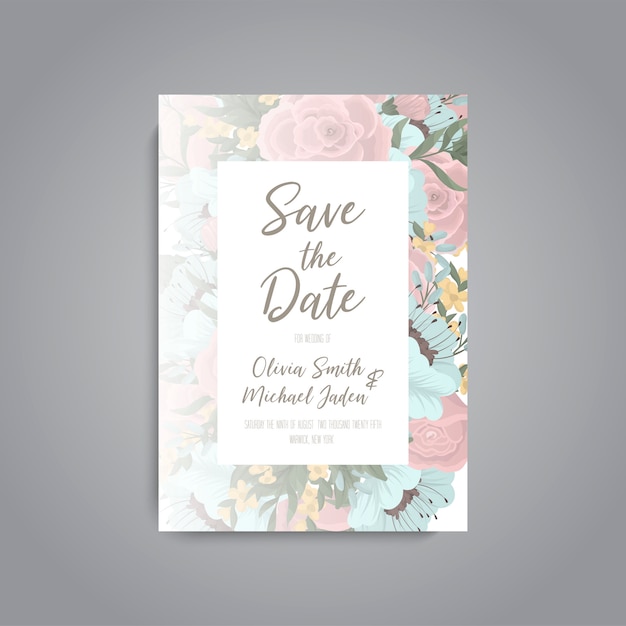 Plantilla de tarjeta de invitación de boda con flores de colores.