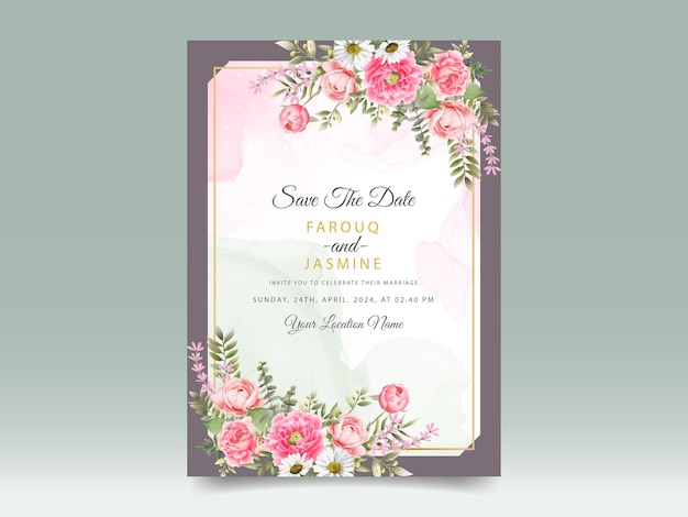 Plantilla de tarjeta de invitación de boda de flores dibujadas a mano rosa suave