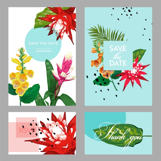 Vector plantilla de tarjeta de invitación de boda con flores y hojas de palma.