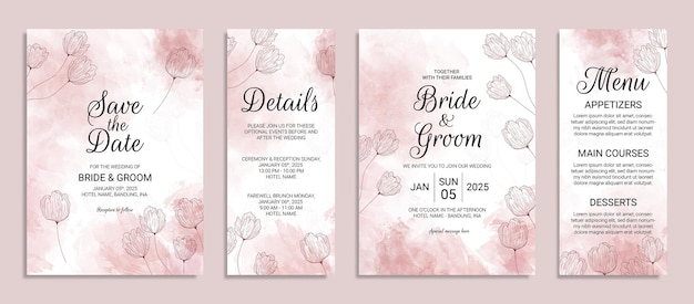 Plantilla de tarjeta de invitación de boda con fondo de acuarela y decoración floral dibujada a mano