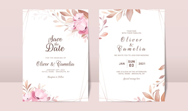 Vector plantilla de tarjeta de invitación de boda con fondo floral y acuarela suave