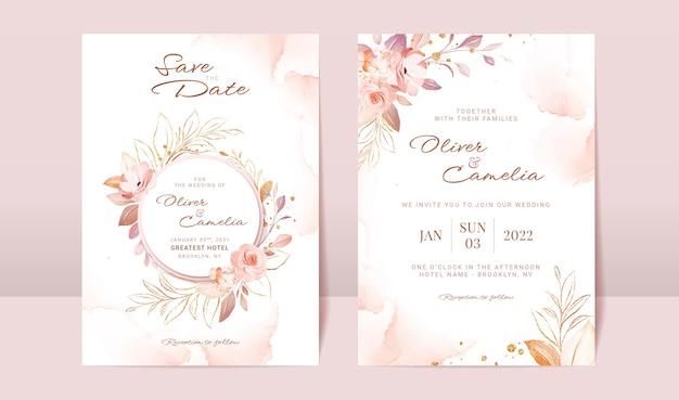 Plantilla de tarjeta de invitación de boda con fondo floral y acuarela suave