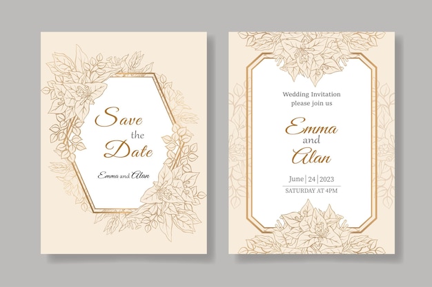 Plantilla de tarjeta de invitación de boda de fondo rosa claro de buganvilla dibujada a mano
