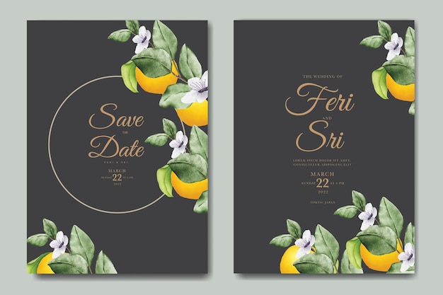 Plantilla de tarjeta de invitación de boda de frutas naranjas acuarela botánica