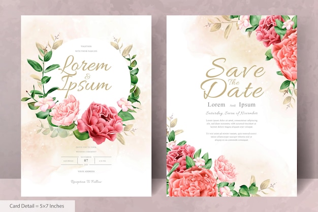 Plantilla de tarjeta de invitación de boda con guirnalda floral en acuarela con flores y hojas realistas