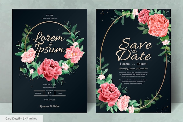 Plantilla de tarjeta de invitación de boda con guirnalda floral en acuarela con flores y hojas realistas