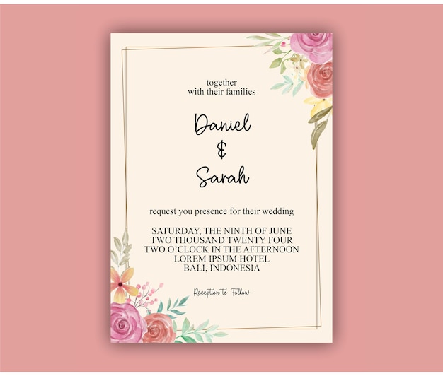 Plantilla de tarjeta de invitación de boda con guirnalda floral acuarela