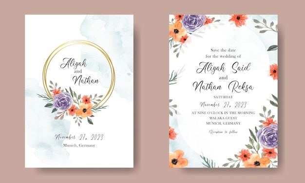 Plantilla de tarjeta de invitación de boda con guirnalda floral naranja púrpura hermosa acuarela