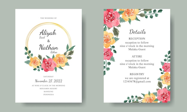 Plantilla Tarjeta Invitación Boda Con Guirnalda Flores Acuarela Rojo Amarillo