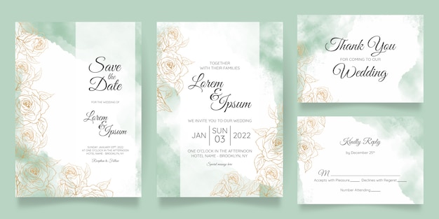 Plantilla de tarjeta de invitación de boda hermosa acuarela con decoración floral dorada