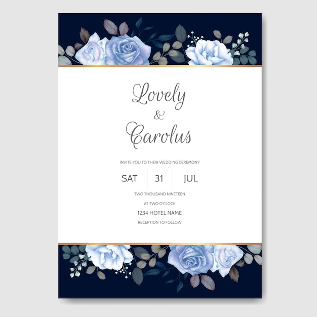 Plantilla de tarjeta de invitación de boda con hermosa acuarela floral y hojas