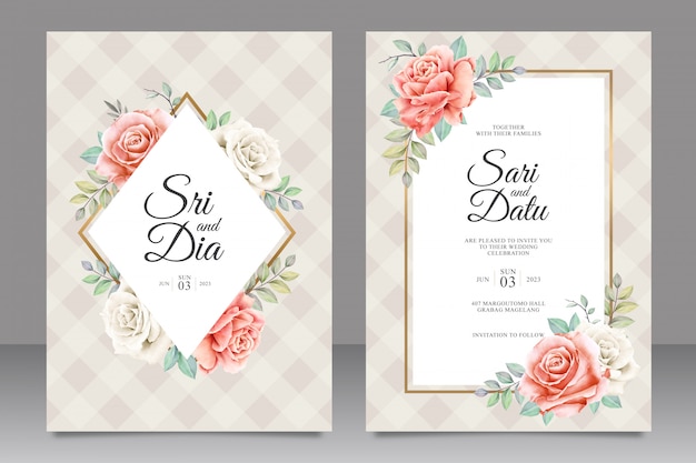 Plantilla de tarjeta de invitación de boda hermosa con decoración floral