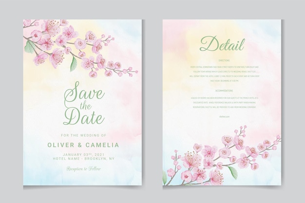 Plantilla de tarjeta de invitación de boda hermosa flor de cerezo