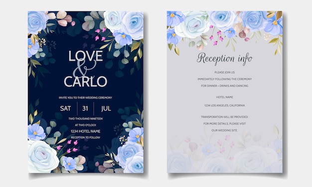 Plantilla de tarjeta de invitación de boda hermosa con flores y hojas de primavera