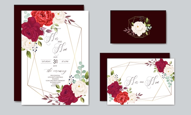 Plantilla de tarjeta de invitación de boda hermosa con hojas florales