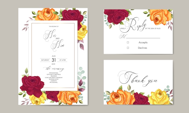 Plantilla de tarjeta de invitación de boda hermosa con hojas florales